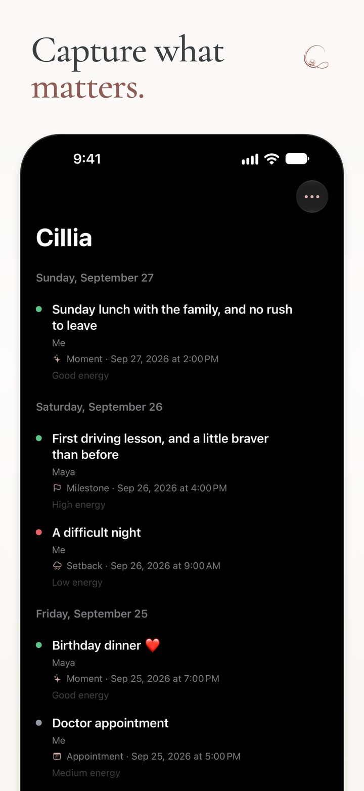 Cillia Timeline showing everyday moments, milestones and check-ins across several days.