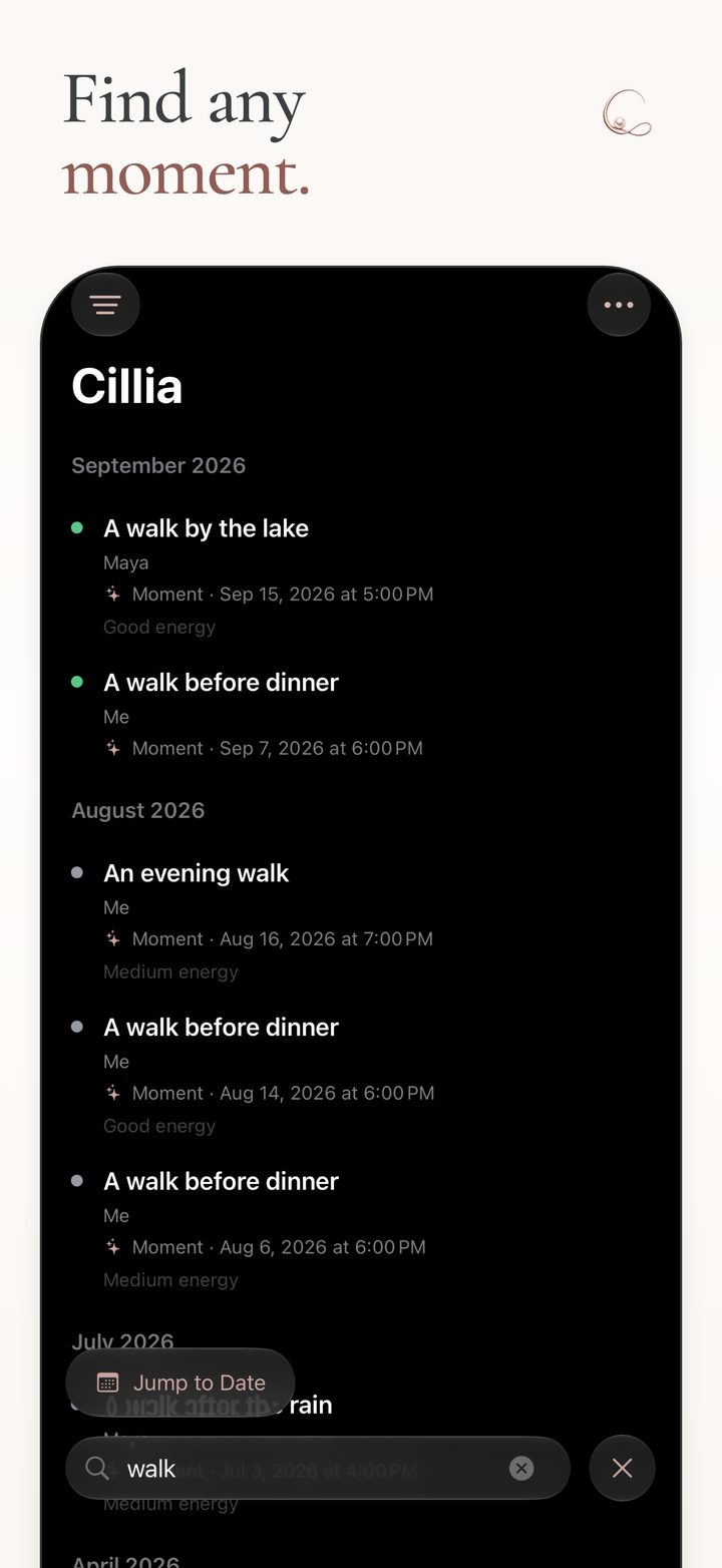 Cillia search results for walks, with Jump to Date available.